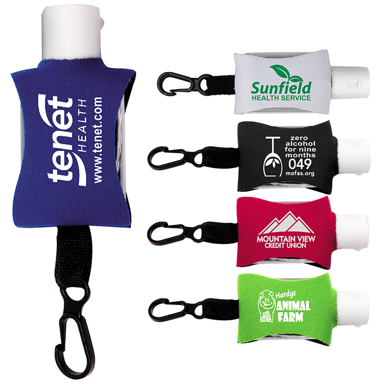 .5 oz Hand Sanitizer Antibacterial Gel in Clip-On Neoprene Sleeve Cover .5 oz Hand Sanitizer Antibacterial Gel in Clip-On Neoprene Sleeve Cover